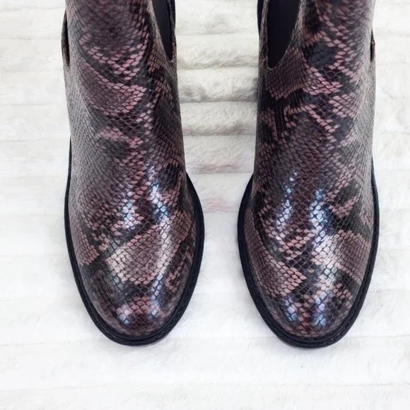 So Me  Brown Snake Print 4.25" Stacked Block Heel Slip On Ankle Boots - Picture 6 of 12